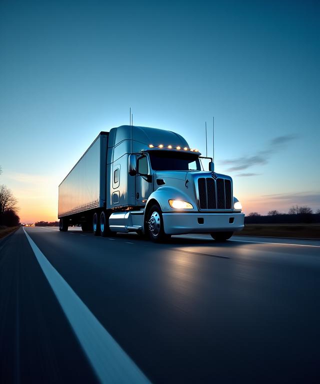 Modern logistics truck on a Missouri highway at dusk