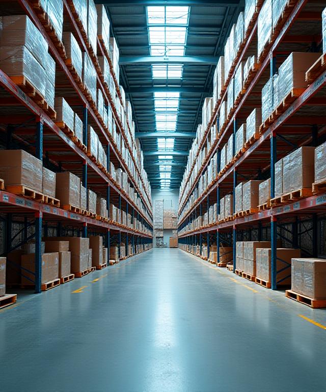 Modern logistics warehouse interior with high bay racking