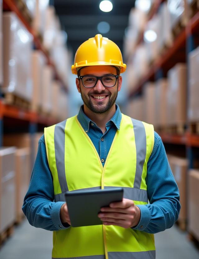 Logistics manager using tablet in a warehouse setting